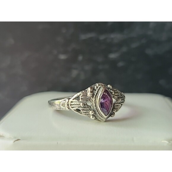 925 Sterling Silver Amethyst Floral Shaped Ring Vintage, SIZE US 8 - Picture 4 of 10